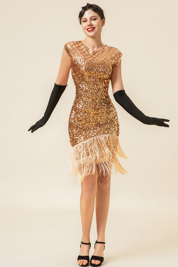 Rosa Kepsärmar Paljetterade Fransar 1920-Talets Gatsby Flapper Klänning med 20-Talstillbehör Set